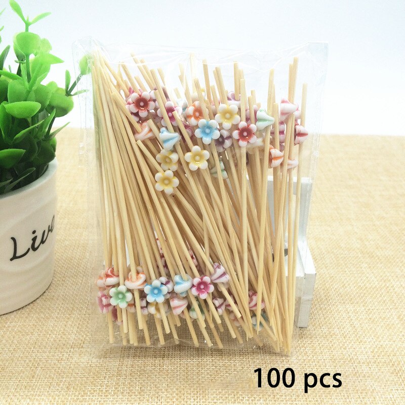 100 Stks/pak Wegwerp Reizen Accessoires Party Dessert Stok Cupcake Fruit Vork Draagbare Tanden Cleaning Tools Bamboe: small flowers