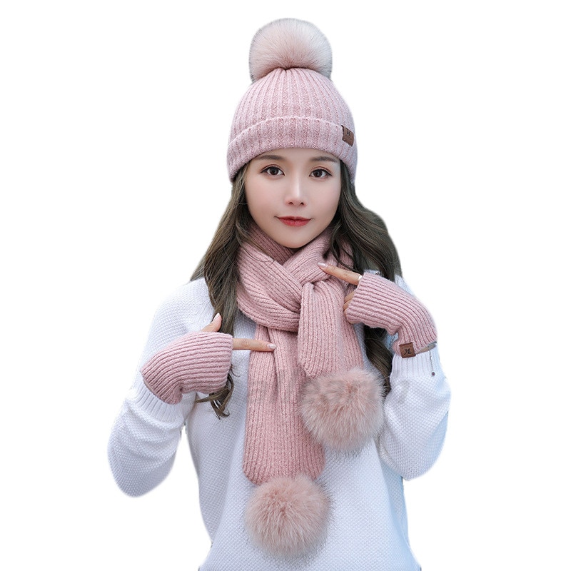 Meisjes warme 3- delige sets wintermutsen sjaal handschoenen voor dames dikke katoenen winteraccessoires set dames muts sjaal handschoenen