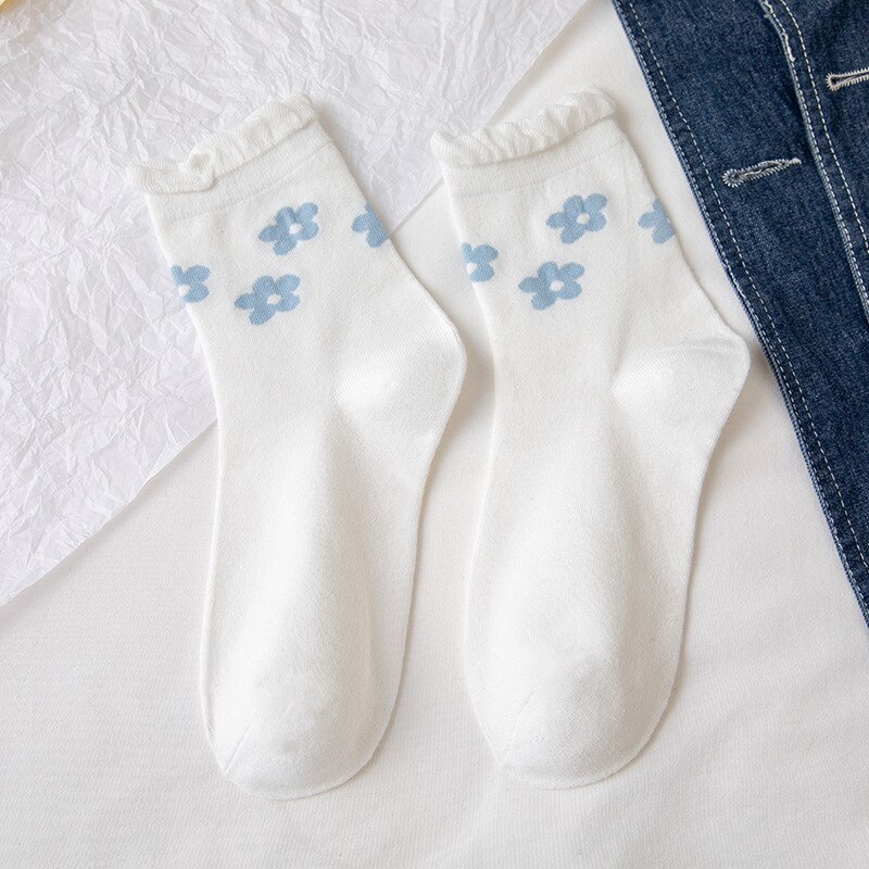 Bloemen Stroken Ruffle Sokken Vrouwen Zomer Dunne Harajuku Streetwear Crew Sokken Blauwe Bloem Print Japanse Kawaii Leuke Vrouw Sokken: 5