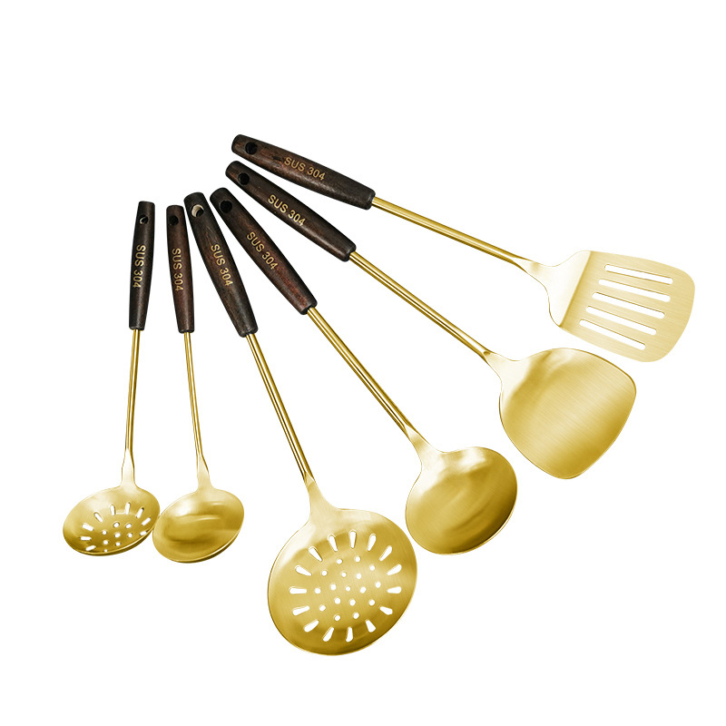 6 PCS Cooking Utensils Golden Stainless Steel Kitchenware Set With Wooden Handle Household Kitchen Cookware Sets Pot Accessories: 6 PCS set