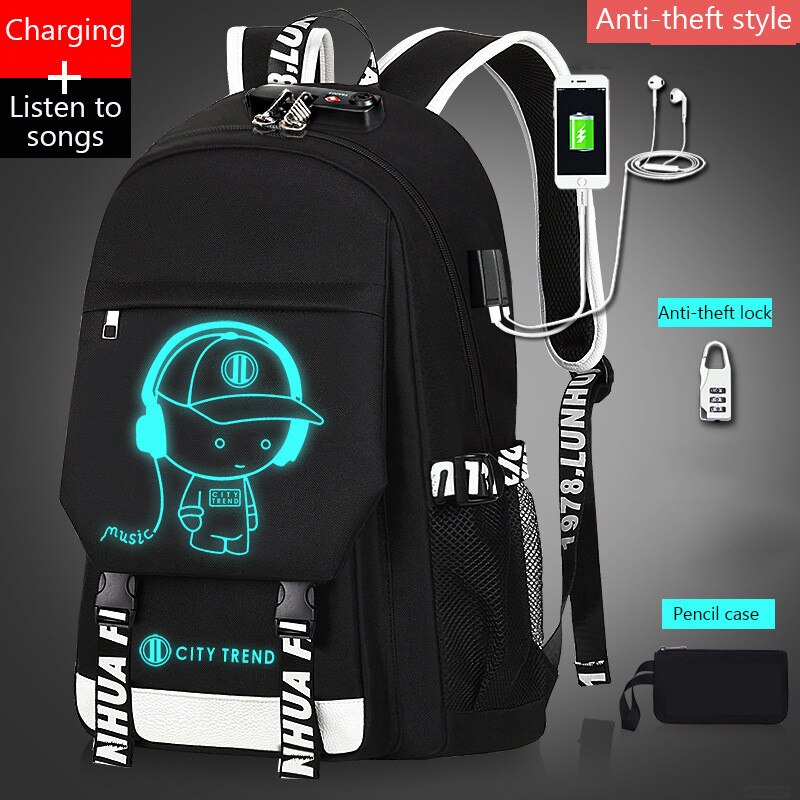 USB musique lumineux cartable unisexe pour adolescents sac à dos à sac d'école étudiant livre sac pour garçons filles