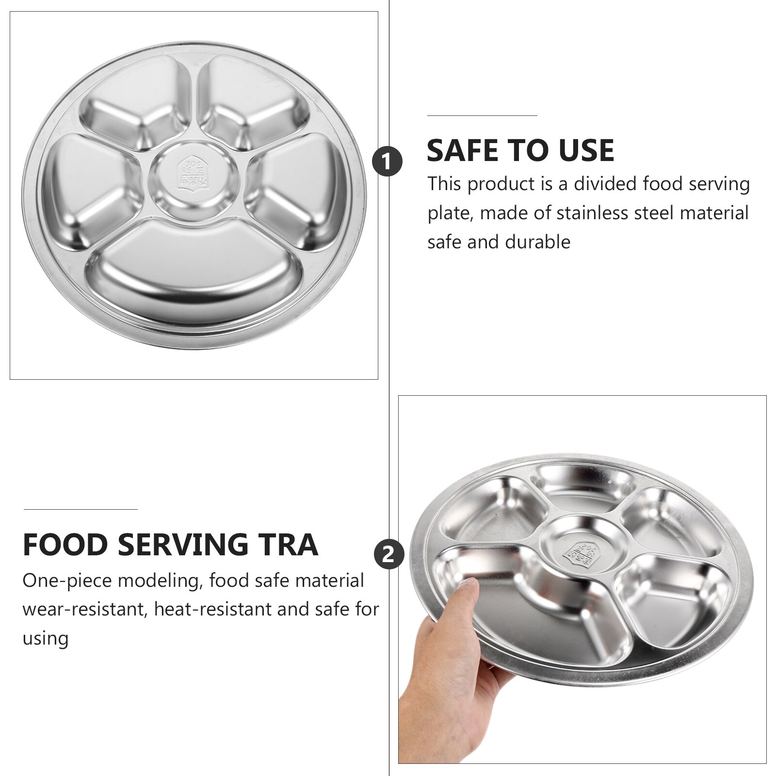 1pc Durable Stainless Steel Food Serving Tray Compartment Tray for Restaurant