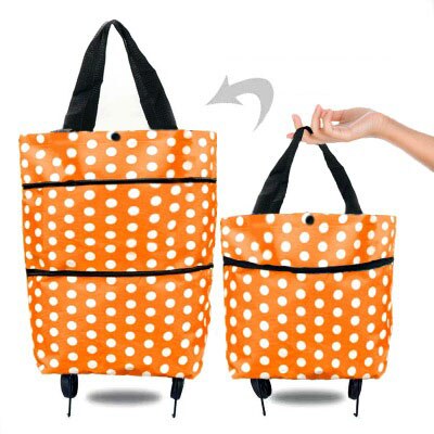 Sac de courses pliable, chariot de courses, achat de nourriture, sac sur roues, sac de légumes, organisateur de Shopping, sac Portable, paquet de traction: Orange dots S