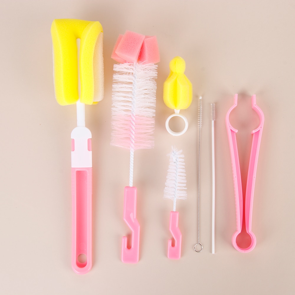 7Pcs Baby Milk Nipper Bottle Cleaning Brush 360 Degree Sponge Cleaner Cup Bottle Brushes Feeding Pacifier Brushes Kit