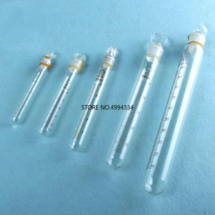 Tubo de ensayo con graduación y tapón de vidrio, tubo de ensayo graduado para herramientas de vidrio de laboratorio, 5/10/20/25/50ml, 10 unids/lote