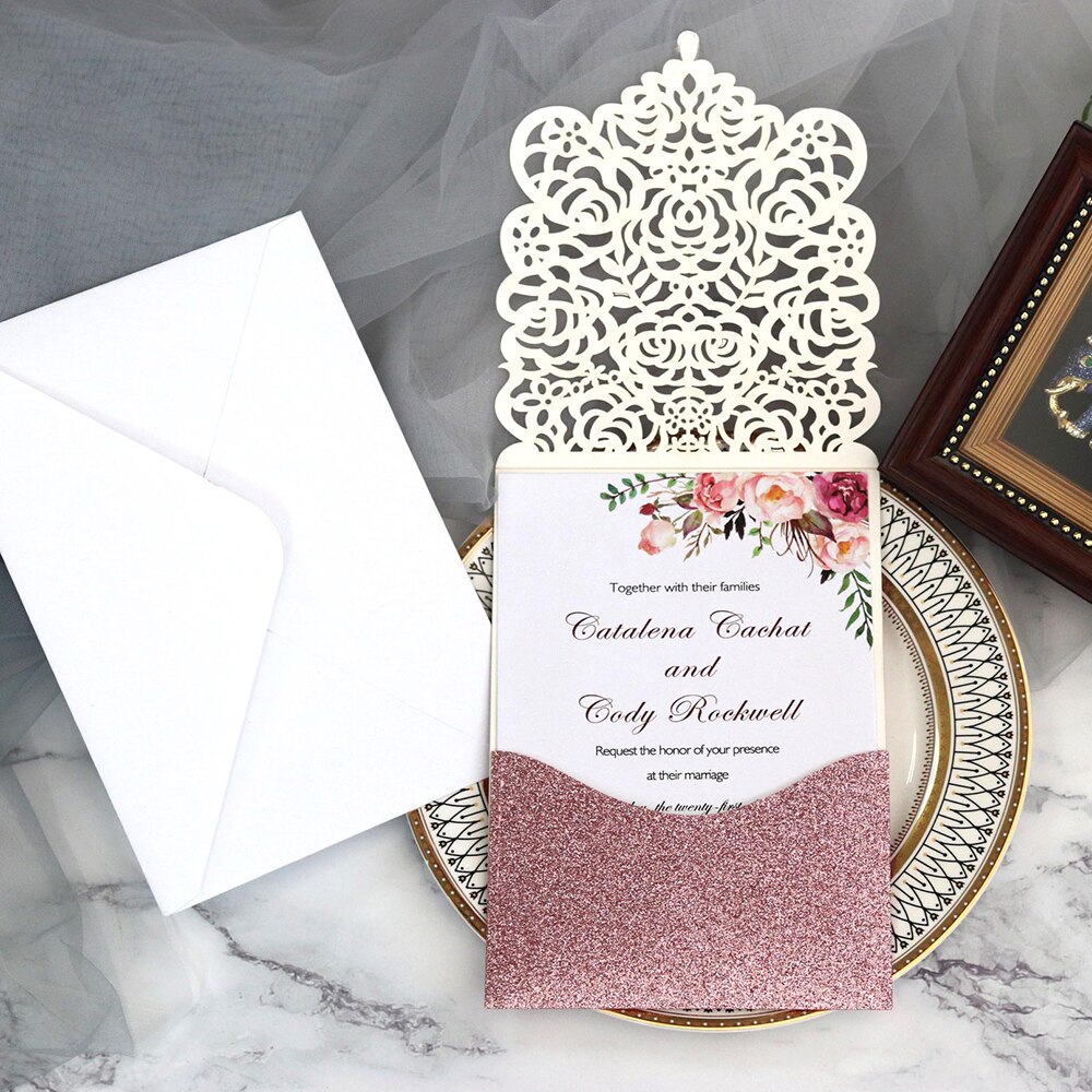 10pcs Pearl paper Business Invitation Glitter Openwork Pocket Rose Lace Invitation Card Wedding Invitation Universal