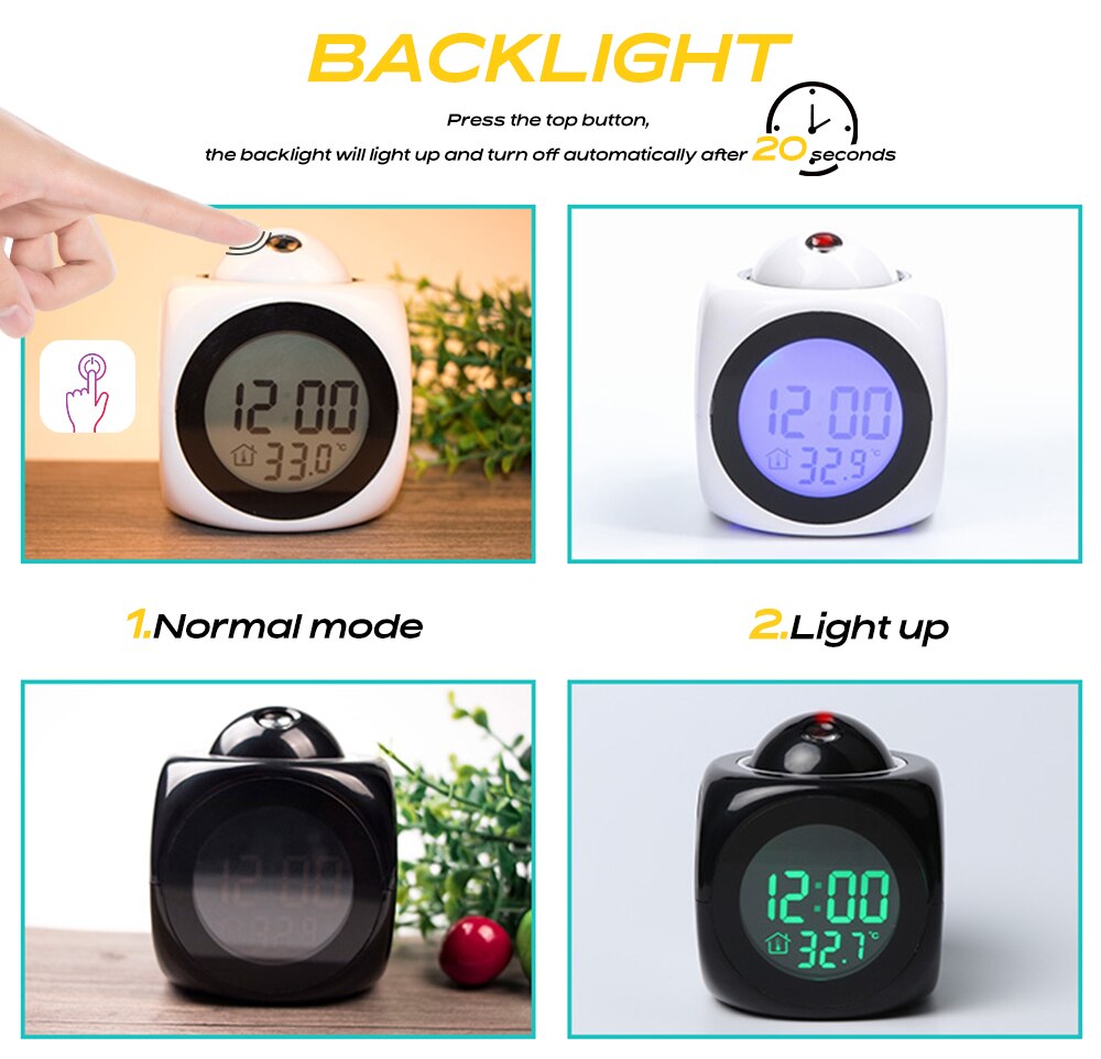 Alarm Clock Night Light For Projector Lamp Voice Temperature Digital Time Projection On Wall Ceiling For Bedroom Table Decoratio