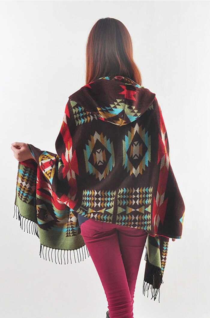 Manteau à capuche avec frange pour femme | Manteau Tartan carreaux carreaux, Poncho, capuche, bohème, châle, écharpe, écharpe enveloppante chaude,: Marron