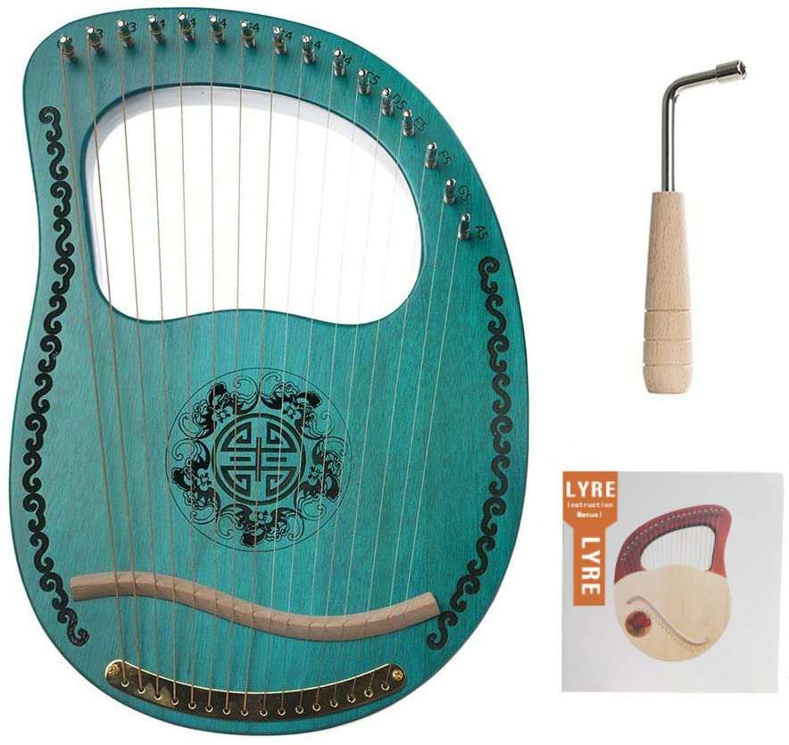 Muslady Lyre 16 String Harp Portable Mahogany 16 Notes Green Harp Stringed Musical Instrument with Tuning Wrench