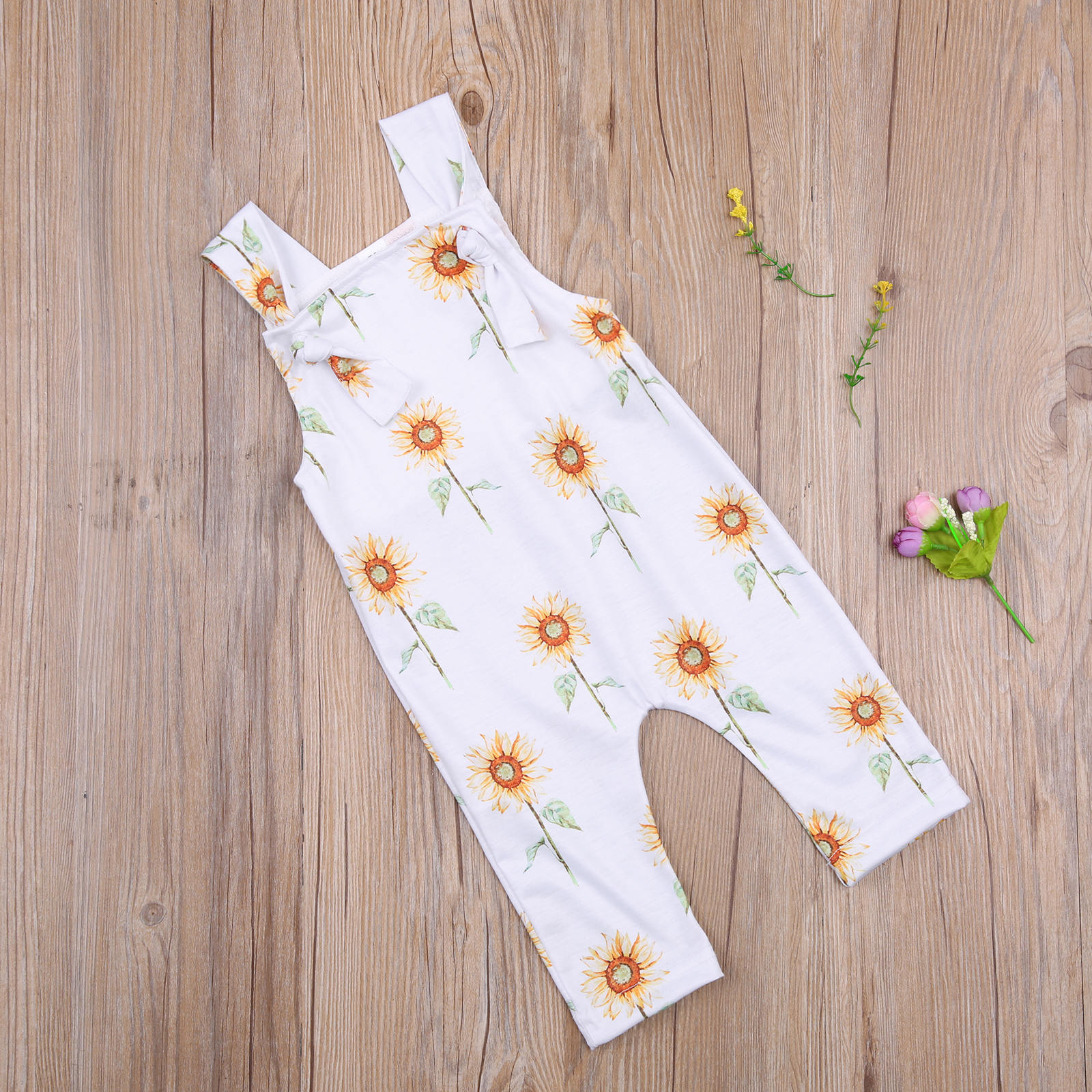 Focusnorm 0-24M Zomer Baby Meisjes Jongens Rompertjes Zonnebloemen Print Mouwloze Knop Strap Jumpsuits