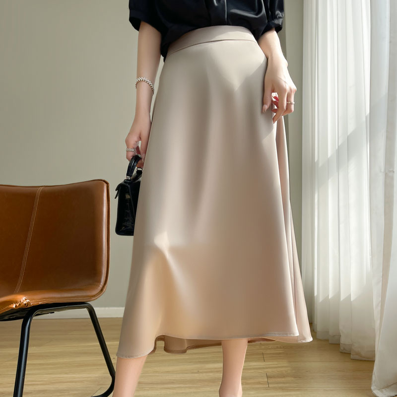 Acetic Satin High Sense Skirt Women's A-Shaped Mid-Length Skirt In Spring And Summer High Waist And Slim Umbrella Skirt: XXL / Khaki