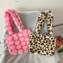 Bolso de hombro esponjoso para mujer, bolsa de hombro con estampado de leopardo, cebra, cuadros, corazón de amor, suave, de felpa, cálido,