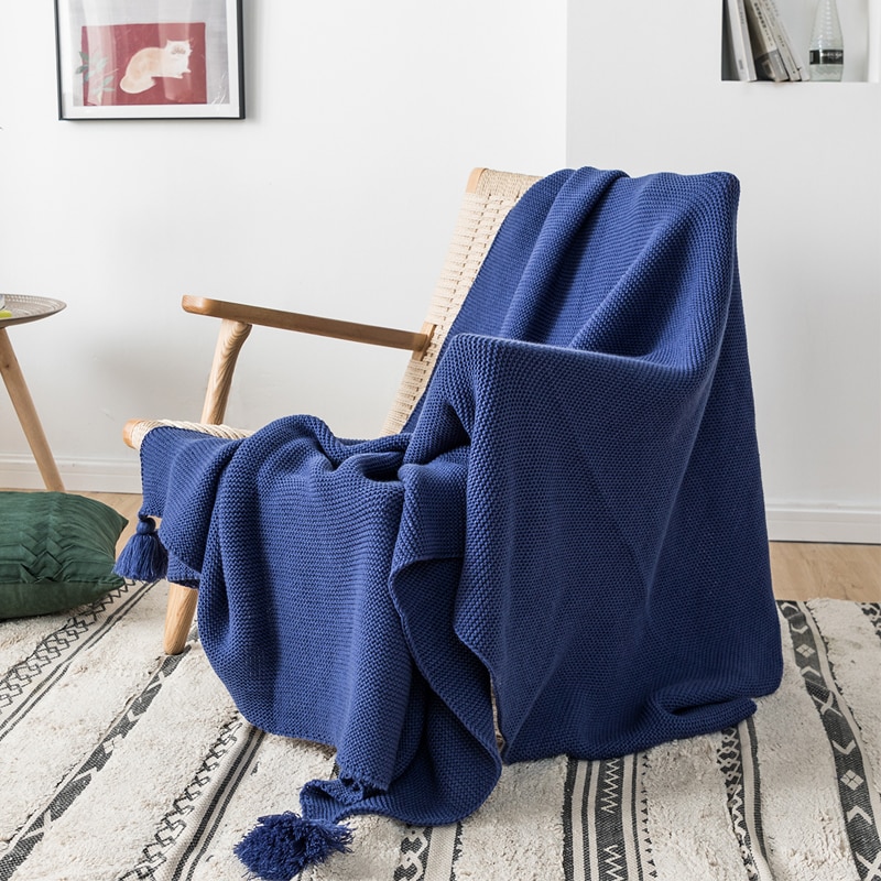 Kongeblå tæppe sofa strik kaste tæppe solid blød pompon kvaster tæppe rejse 130 x 160cm hjemmesofastol sovesofa 50 " x62 "