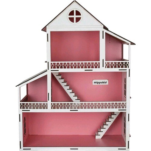 Mippukid træ legehus trelags træ møbleret pink