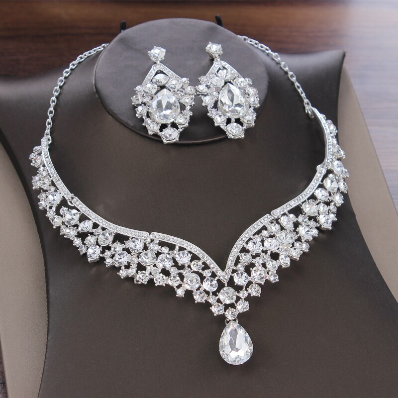 Barok Kristal Bruiloft Tiara Kroon Water Bridal Jewelry Sets Strass Ketting Oorbellen Voor Bruid Dubai Sieraden Sets: 2Pcs Jewelry Set