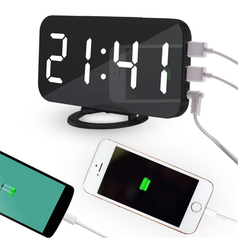 Modernes Digital Schlummern Alarm Schreibtisch Uhr Mit Telefon Aufladen USB Häfen LED Spiegel Büro Destop Uhren Tisch Uhr Schlafzimmer
