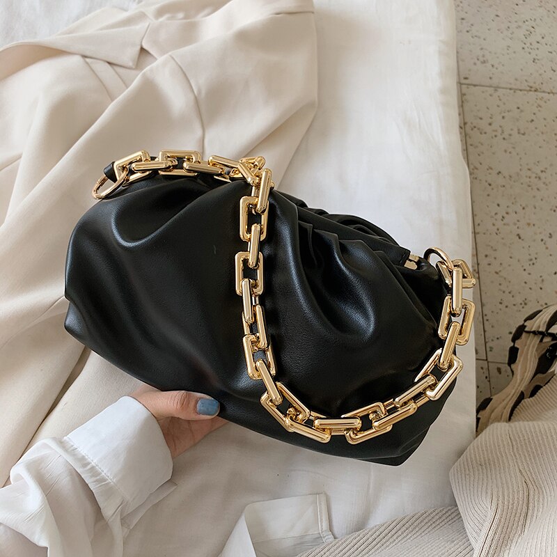Bolso de cuero sintético con cadena dorada para mujer, bolsa de mano femenina para la axila, de hombro, de viaje, de Color sólido, para verano,: Black