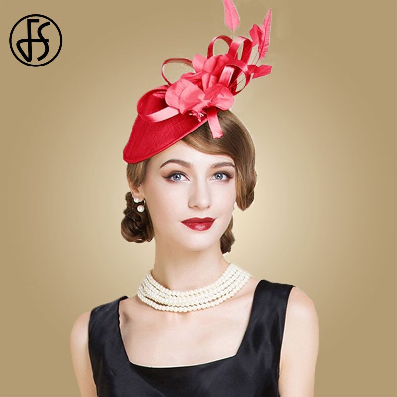 FS Red Hats For Women Fascinator Derby Flowers Sinamay Pillbox Hat Ladies Cocktail Church Fedora Chapeau Femme Feutre: Default Title