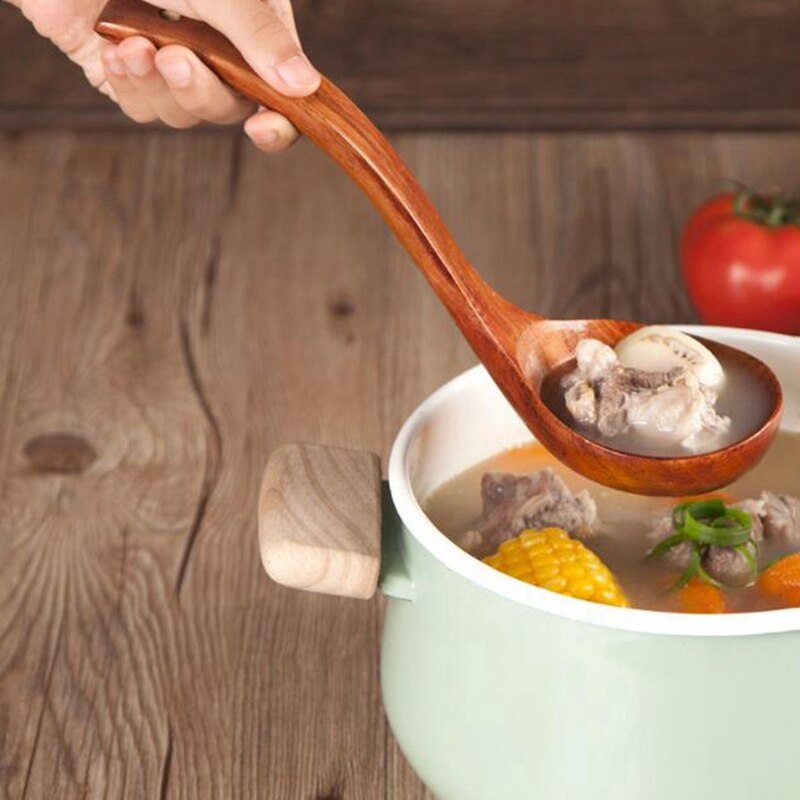Natuurlijke Hout Lange Steel Rijst Soep Koken Lepels Grote Pollepel Pot Lepel Servies Gereedschap (1 Set Van 3)