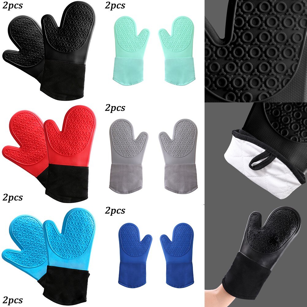 Non-Slip Silicone Microwave Glove Long Cotton BBQ Oven Baking Pot Mitts Cooking Heat Resistant Kitchen Baking Tool
