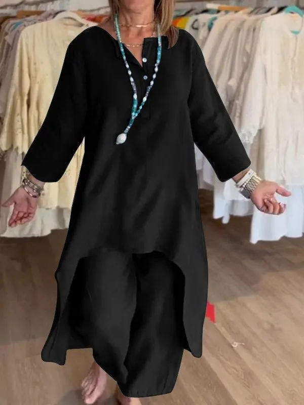 Dameklærsett med s 2 deler, bomull og lin, dress, avslappet, lang skjorte, bluse, topp og vide bukser, ensfarget: Xxl / Svart
