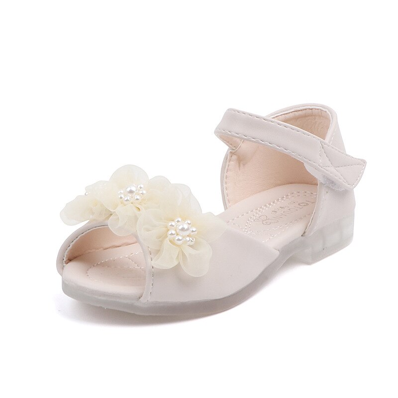 Kids Toddler Baby Shoes Summer Little Children's Flowers With Pearls Open Toe Half Sandals Casual Soft Girls Shallow Lace Flats: Beige / 29