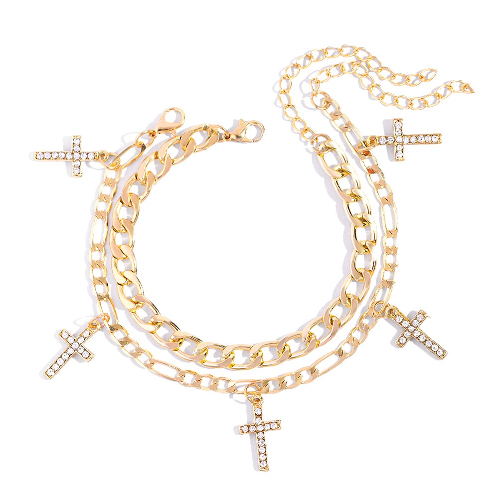 Flatfoosie Hip Hop Crystal Cross Hanger Enkelbanden Voor Vrouwen Golden Metal Link Voet Ketting Strand Sandalen Been Enkelband Sieraden: 016501GD