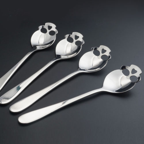 Cuillère à café gothique en forme de crâne en acier inoxydable, fournitures de cuisine, cuillère à café à Long manche, articles de table, cuillère à café 1 pièce: Argent