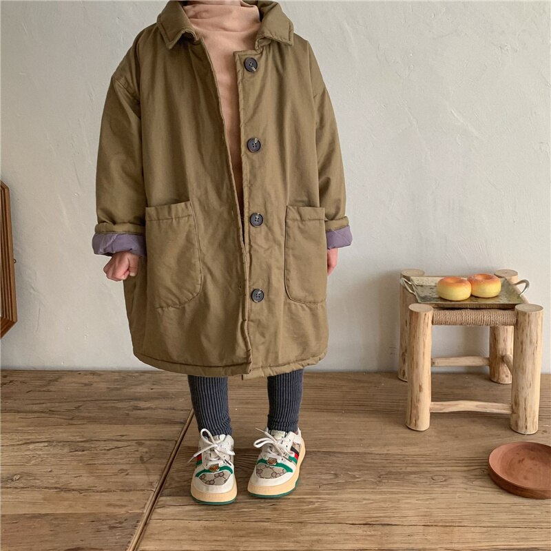 Winter Kinderen Eenvoudige Effen Kleur Gewatteerde Lange Stijl Jassen Unisex Katoen Casual Losse Turn-Down Kraag Katoen Gewatteerde jassen: Dark Khaki / 6T