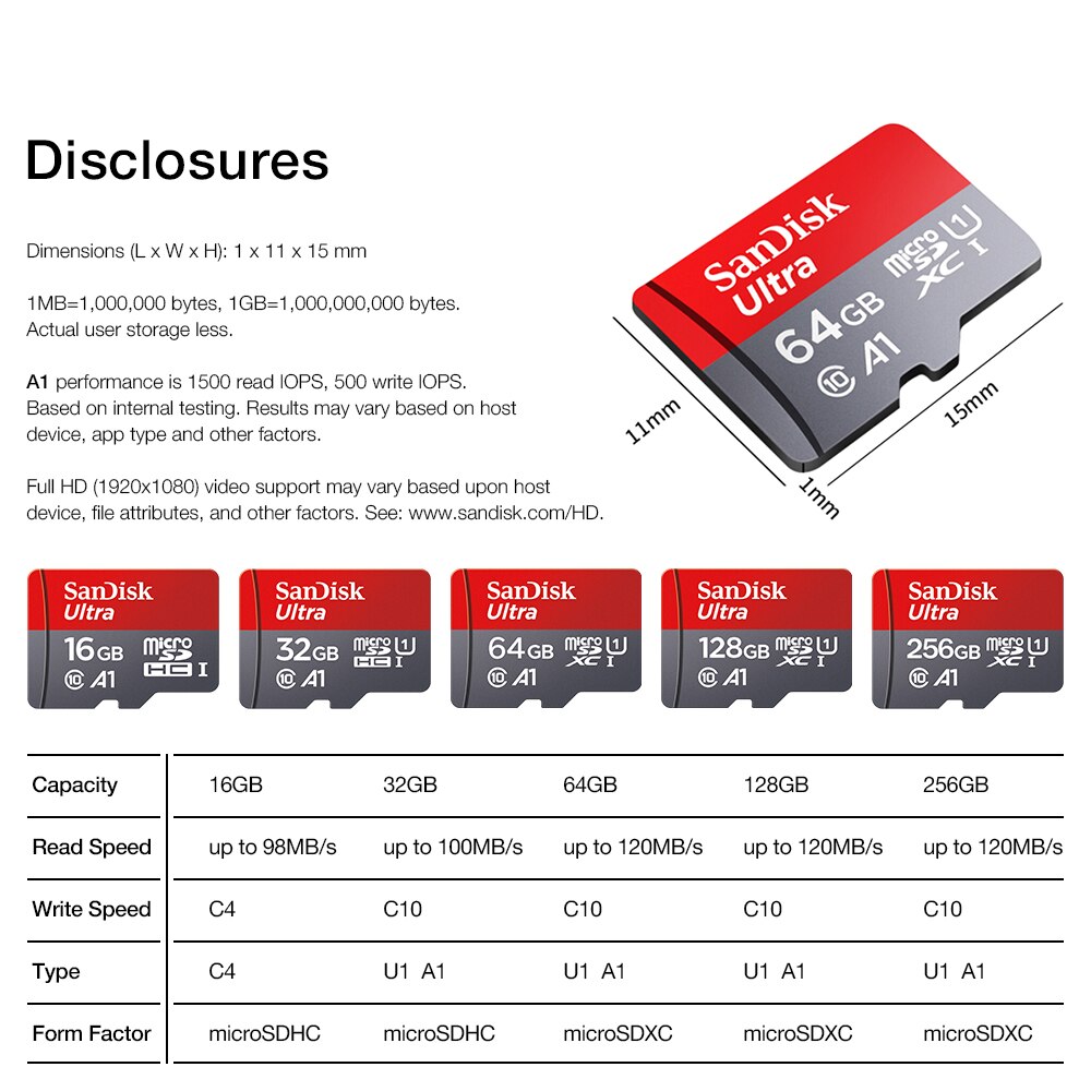 SanDisk A1 Memory Card 128GB 64GB U3 98MB/S Micro sd card Class10 UHS-3 flash card Memory Microsd TF/SD Cards UHS-1 16GB 32GB