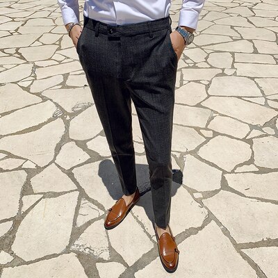 Pantalon habillé hommes formel bureau Pantalon pour hommes gris Plaid Social Slim Fit fête parfum Masculino Pantalon Costume Homme
