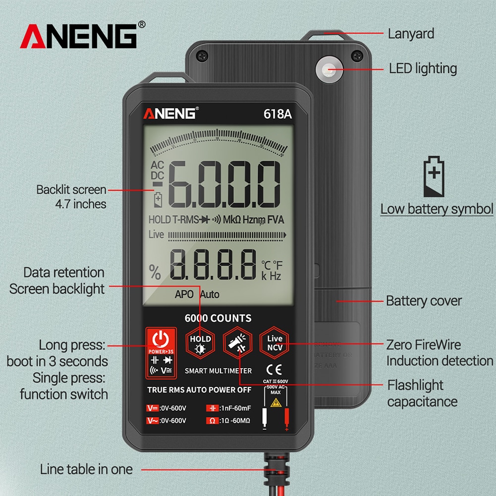 Aneng 618A Digitale Multimeter 6000 Count Dc/Ac Voltage Tester Current Meter Flash Licht Terug Grote Screen Multimeter