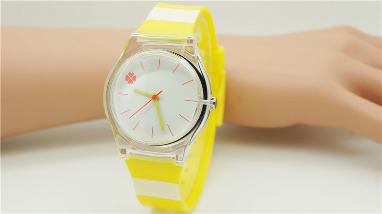 Nazeyt merk dameshorloge waterdicht quartzhorloge met klavertjevier wijzerplaat student kinderen jelly horloge dames siliconen polshorloge: Geel