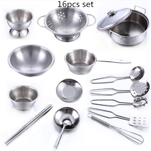 40Pcs Stainless Steel Kids House Kitchen Toy Cooking Cookware Children Pretend & Play Kitchen Playset for Children- Silver: 16Pcs No box