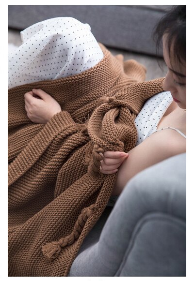 Effen Kleuren Nordic Zachte Kwastje Reizen Stoel Couch Draad Dekens Thuis Textiel 130X170Cm Beddengoed Sofa Gebreide Gooi deken: brown