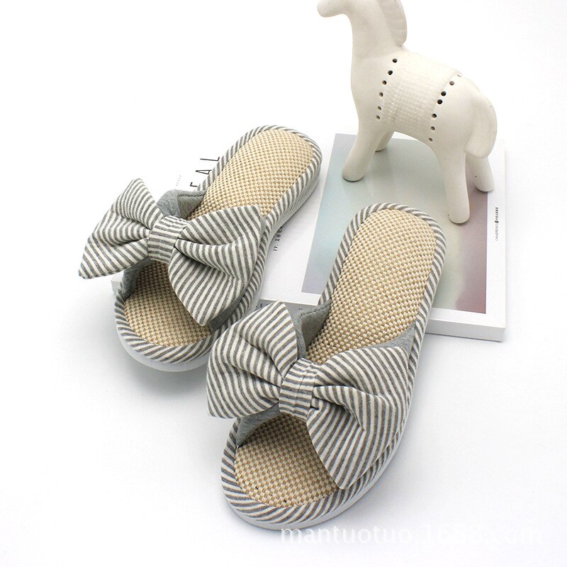 Intérieur maison pantoufles couleur bonbon printemps femmes chambre dessin animé noeud papillon dames diapositives confortable coton plancher lin maison chaussures: Gris / 38