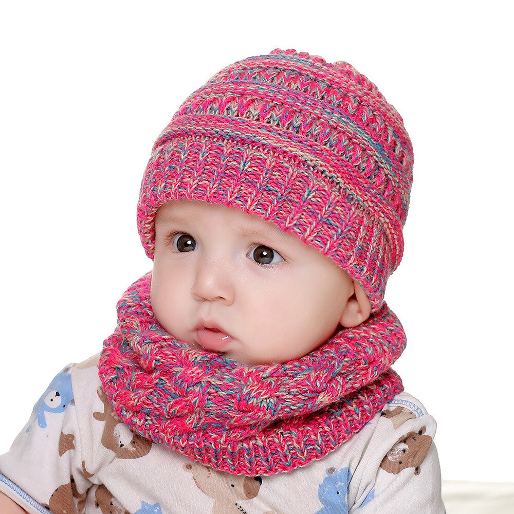 Winter Children's Skullies Hat Scarf Set Thick Knitted Kids Two pieces Fluffy Hats Scarf Sets Solid Warm Cap Girls boys Hats