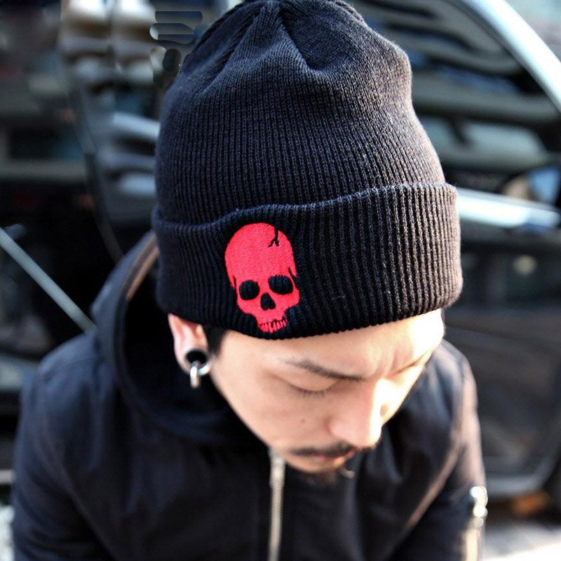 Unisex vinterkul tegneserie skull print strikket vindtett varm cap menn kvinner punk hip hop svart hatt skullies beanies  k1: Rød