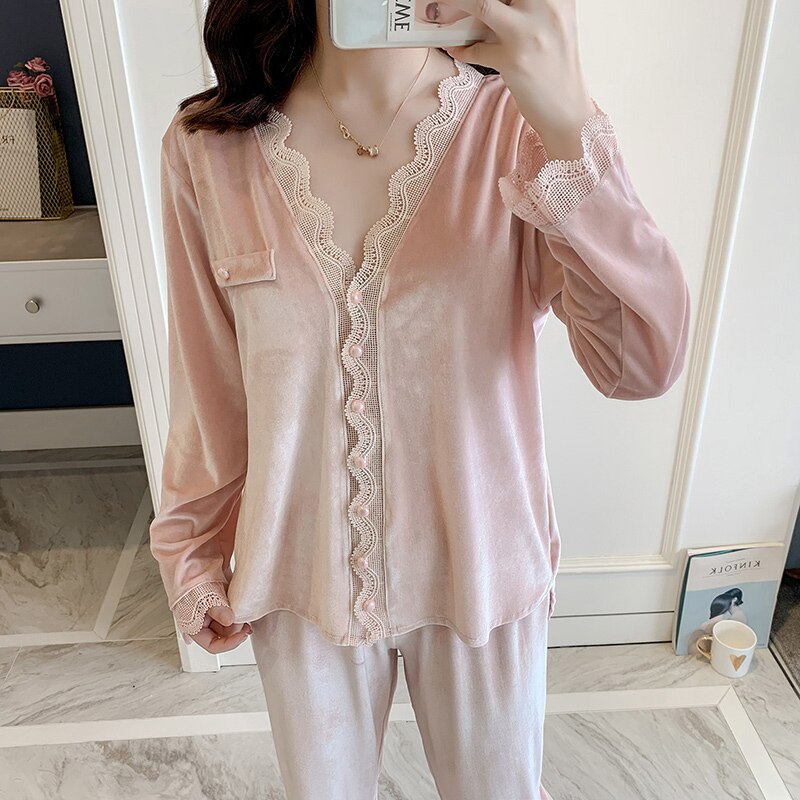 Herfst Goud Fluwelen Pyjama Sets Vrouwen Thuis Draag Casual Lange Mouw Nachtkleding Pak Sexy Lente Nachtkleding Lounge Broek T798