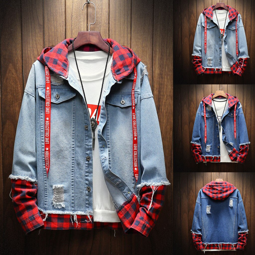 Mens Jackets And Coats Blue Holes Denim Coats Men Spring Autumn Loose Casual Jean Jackets plaid Denim Jackets