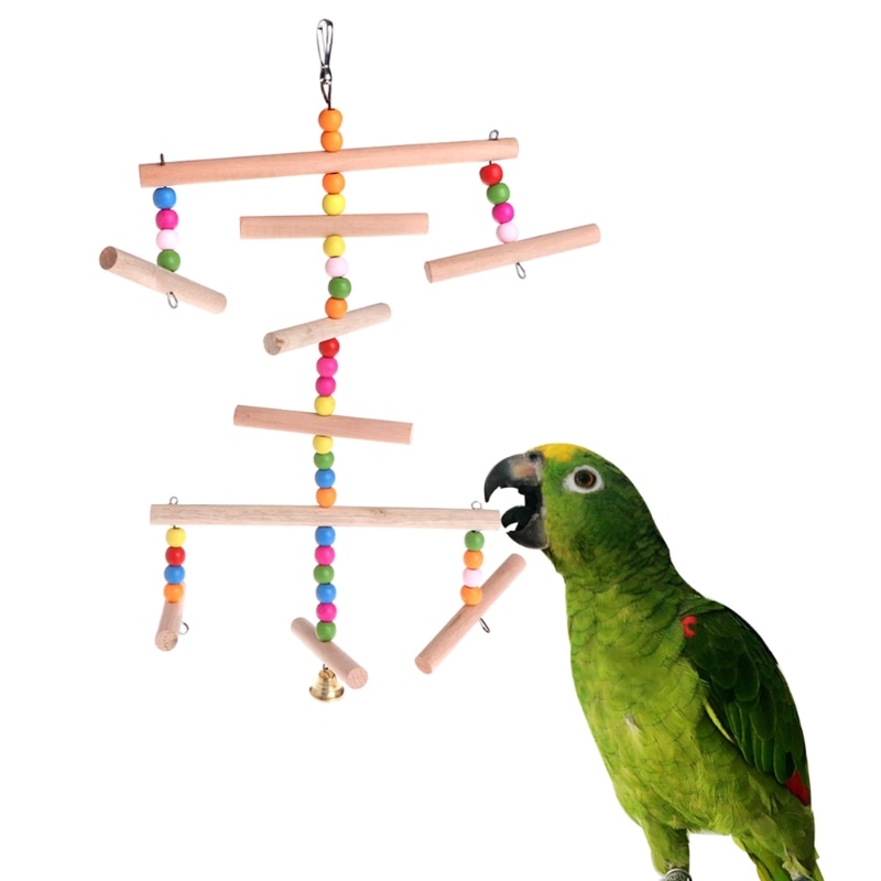 Parrot Perch Multi Layer Swing Bell Toys Wooden Hanging Cage Birds Pets