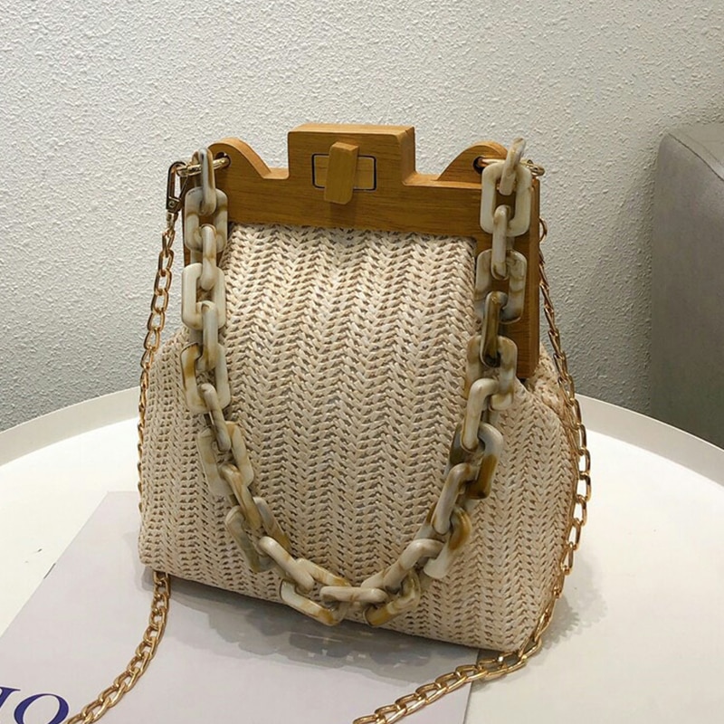 Moda palha tecer clipe de madeira saco de ombro das mulheres luxo acrílico corrente bolsa feminina designer pequena concha bolsa feminina nova