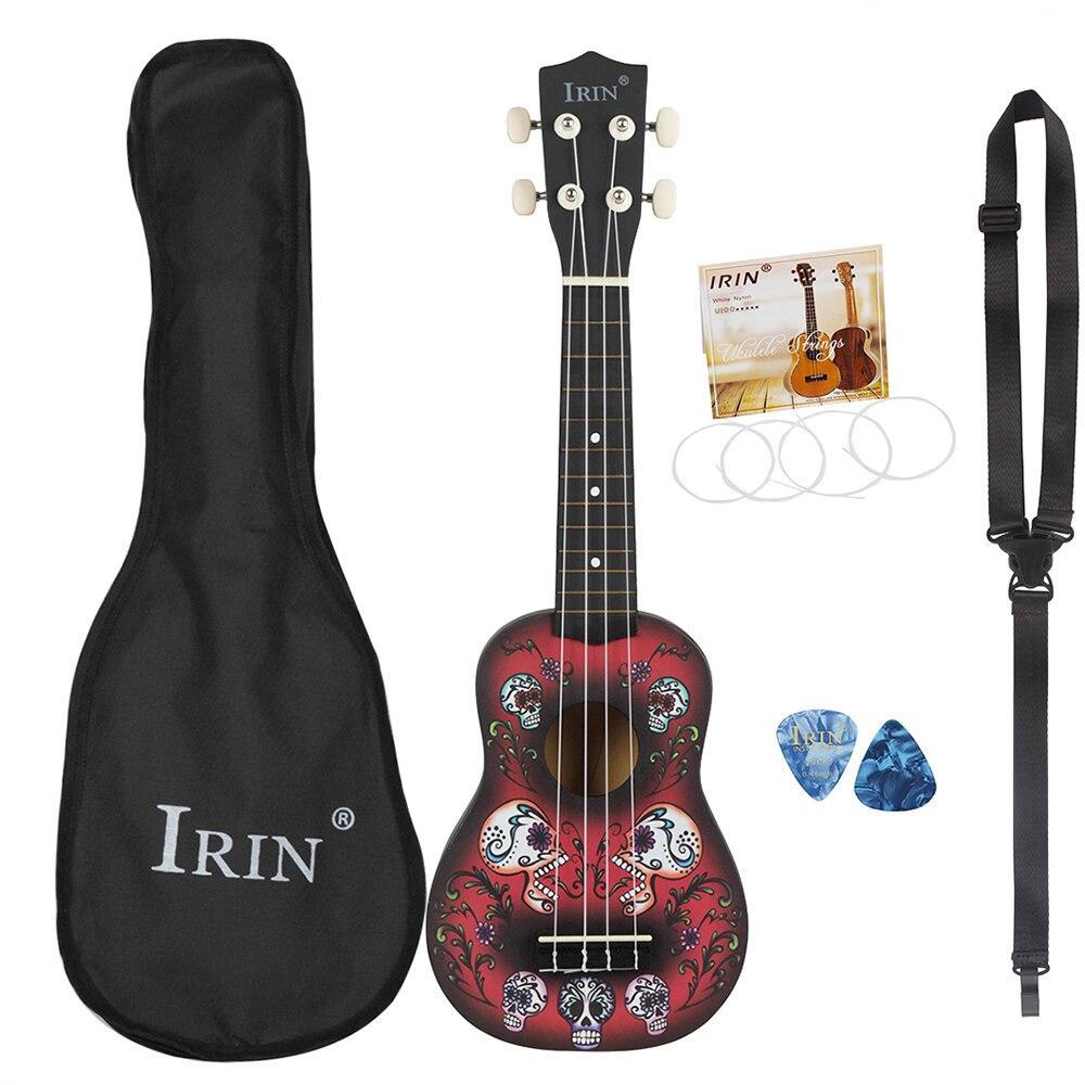 M MBAT-ukelele de tilo de 21 pulgadas para niño, instrumento Musical de 4 cuerdas, guitarra hawaiana, bolsa de ukelele, de Navidad: Skull set