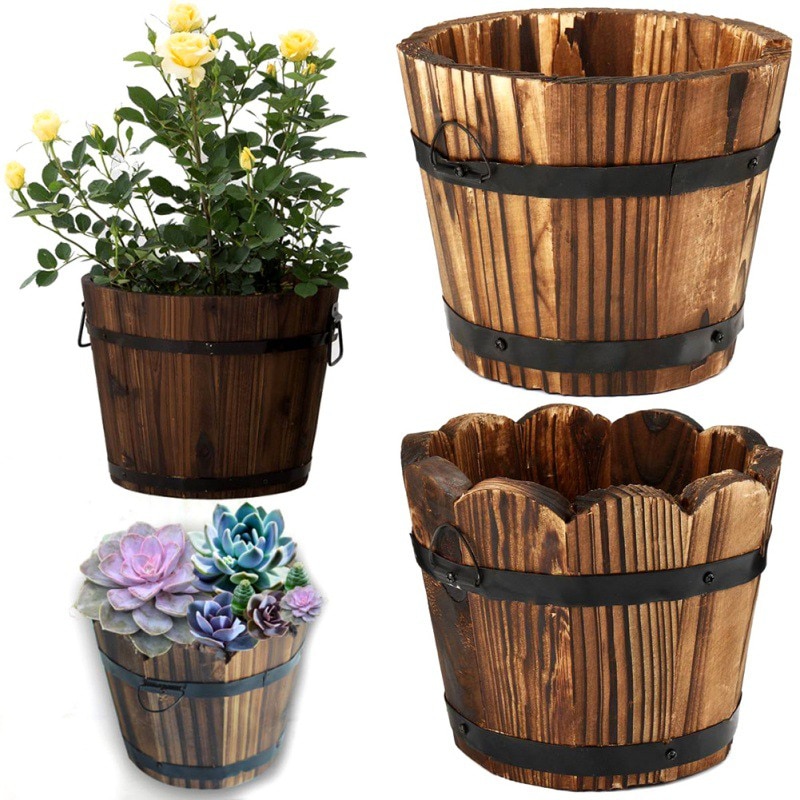 Rustieke Houten Emmer Vat Plantenbakken Bloempotten Container Met Afvoer Gat Voor Patio Tuin Outdoor Indoor Home Decoratie