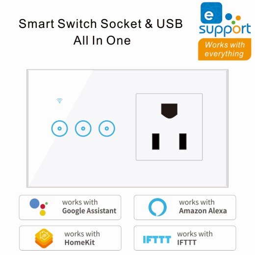 2 In 1 Wall Smart Switch Socket Tempered Glass Touching Button Wall Smart Light Controlling Panel Ewelink APP Controlling