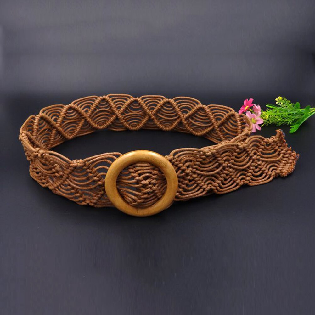 Hebilla de madera redonda trenzada a mano para mujer, Cinturón liso de Estilo bohemio, cuerda de cera, cinturón de punto, cinturones informales de color caqui para mujer,: Caqui
