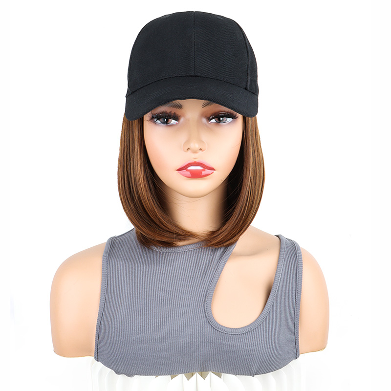 Pelucas sintéticas cortas y rectas para sombrero Bobo, gorra de béisbol, peluca ajustable en negro y marrón para mujer: Marfíl