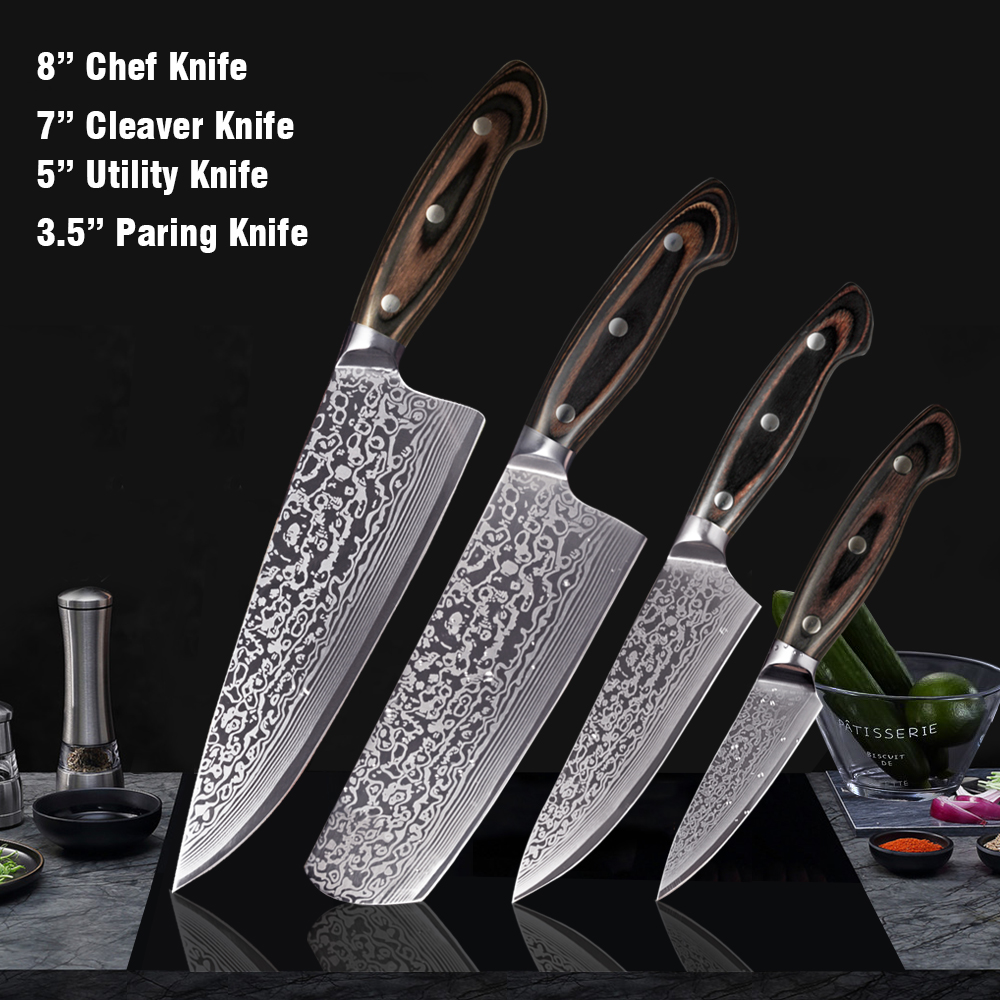 Shuooge køkkenkniv 8 tommer kokkeknive japansk højkulstof rustfrit stål kødkløver skiver santoku kniv: 4 stk