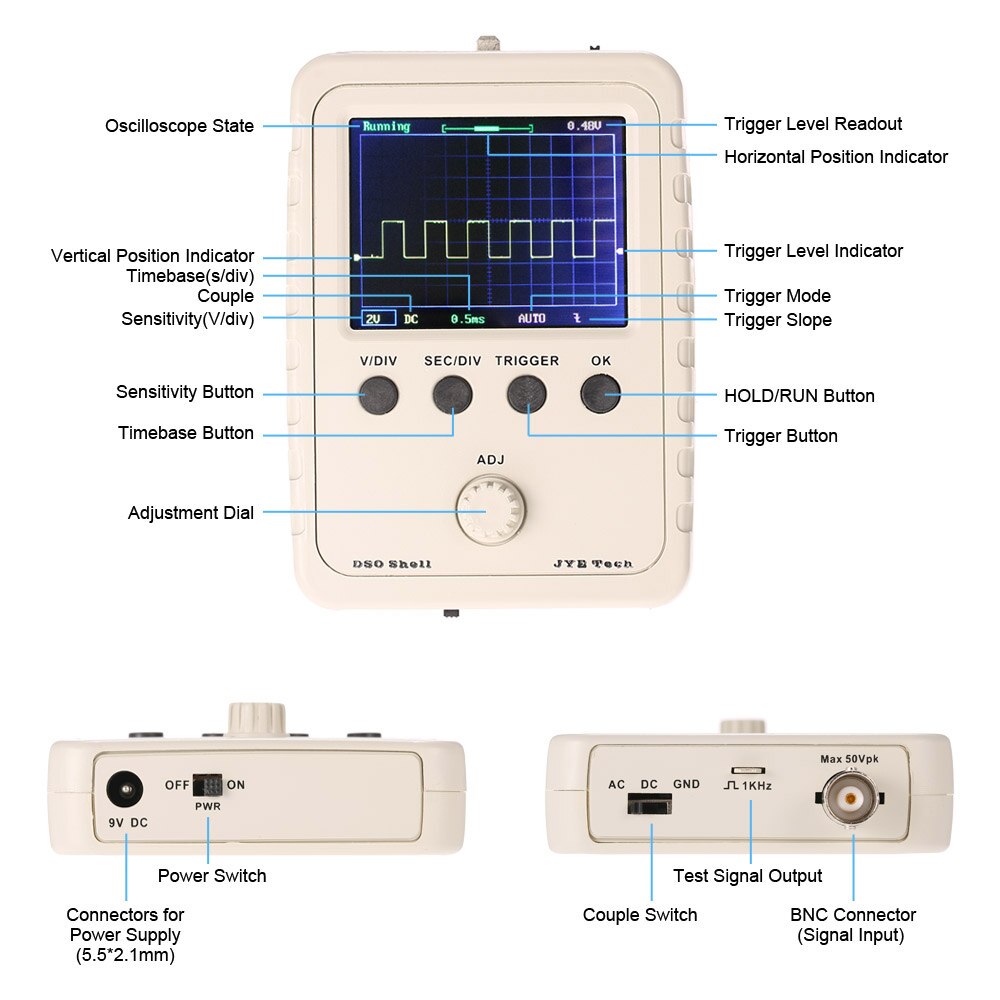 Digital Oscilloscope DIY Kit Parts with Case SMD Soldered Electronic Learning Set 1MSa/s 0-200KHz 2.4" TFT Handheld Pocket-size
