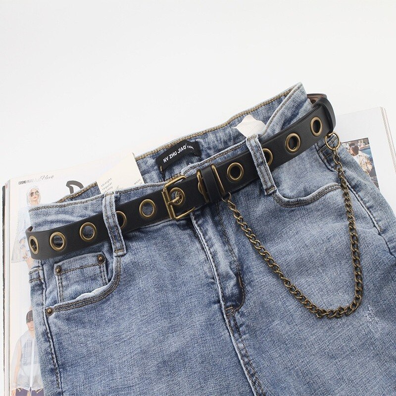 Women Punk Chain Belt Adjustable Single Row Hole Eyelet Waistband with Eyelet Chain Decorative Belts